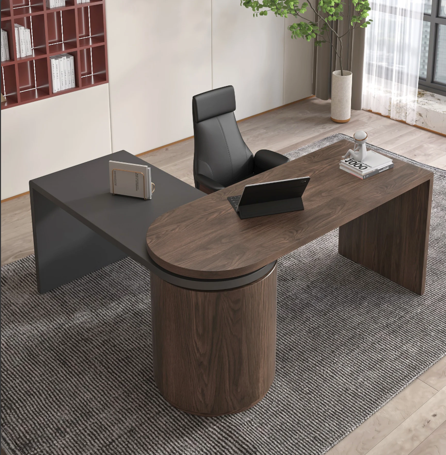 Modern Set L-Shaped Desk in Walnut & Reclining Leather Office Adjustable Swivel Chair