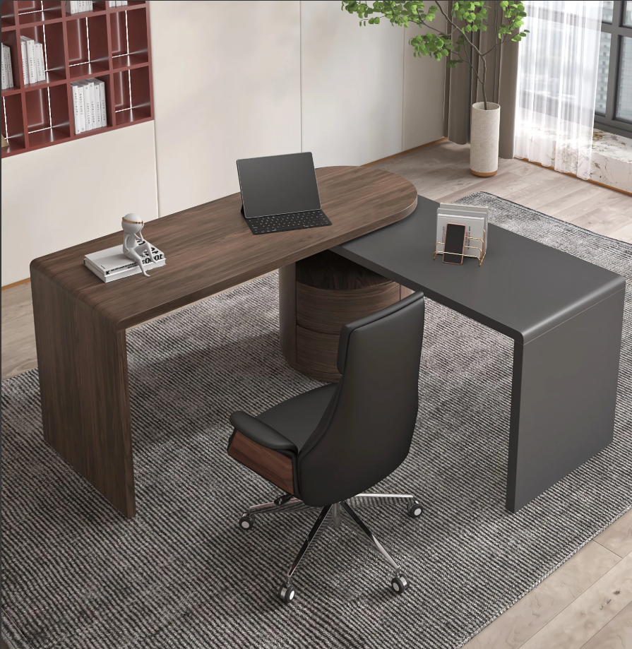 Modern Set L-Shaped Desk in Walnut & Reclining Leather Office Adjustable Swivel Chair