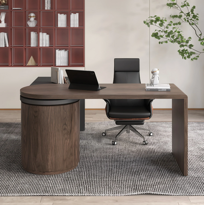 Modern Set L-Shaped Desk in Walnut & Reclining Leather Office Adjustable Swivel Chair